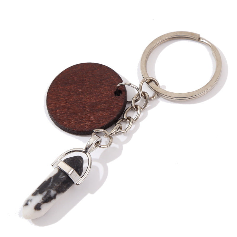 Wholesale Stone Crystal Hexagonal Pillar Round Wood Chip Keychain